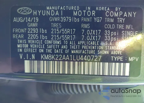 2020 Hyundai Kona Sel z USA, uszkodzony, nr VIN KM8K22AA1LU440727